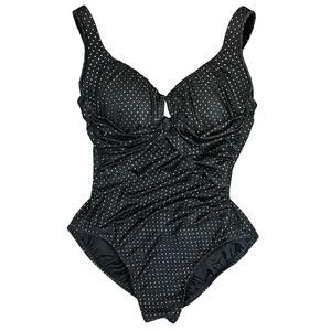 Magicsuit Womens 14 Black Gold Polka Dot Ruched Tummy Control One Piece Swimsuit